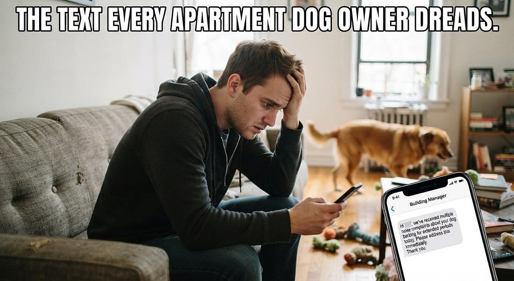 Relatable "complaint text" photo Phone showing building manager text, owner stressed, dog pacing in background. Text: "The text every apartment dog owner dreads."
