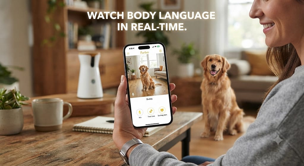 Furbo/Wyze camera photo Phone showing dog view, owner monitoring. Text: "Watch body language in real-time."
