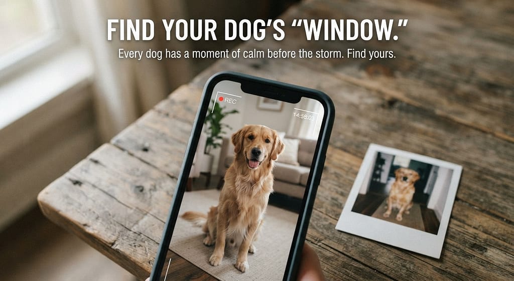 Webcam view of dog photo Phone showing dog waiting calmly. Text: "Find your dog's 'window.'"