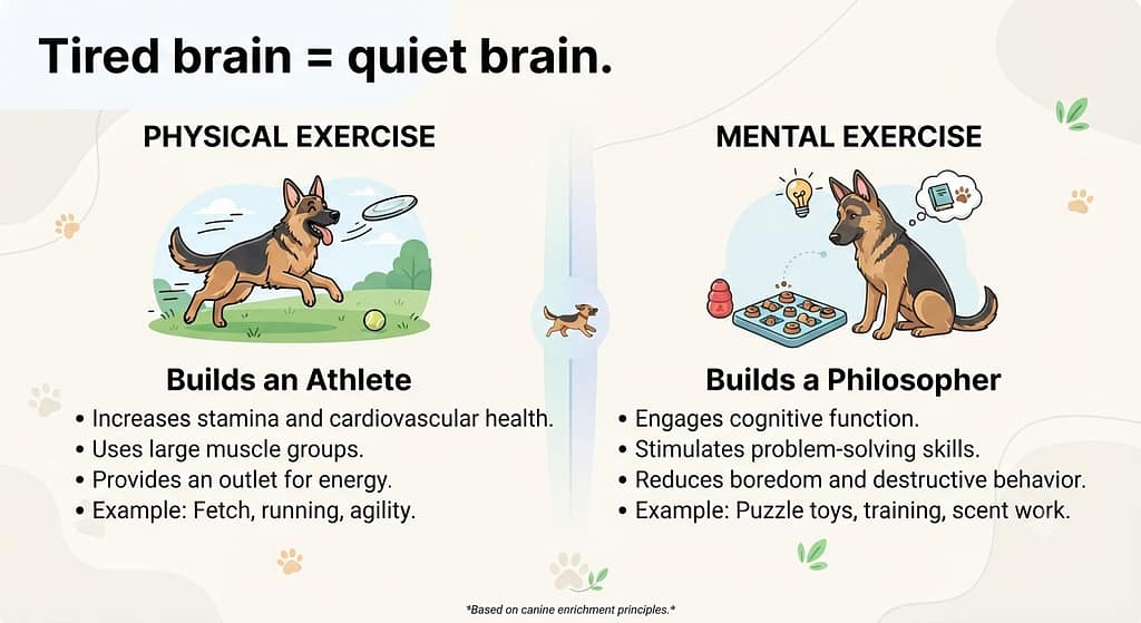 Mental vs physical exercise graphic Physical exercise (builds athlete) vs Mental exercise (builds philosopher). Text: "Tired brain = quiet brain."
