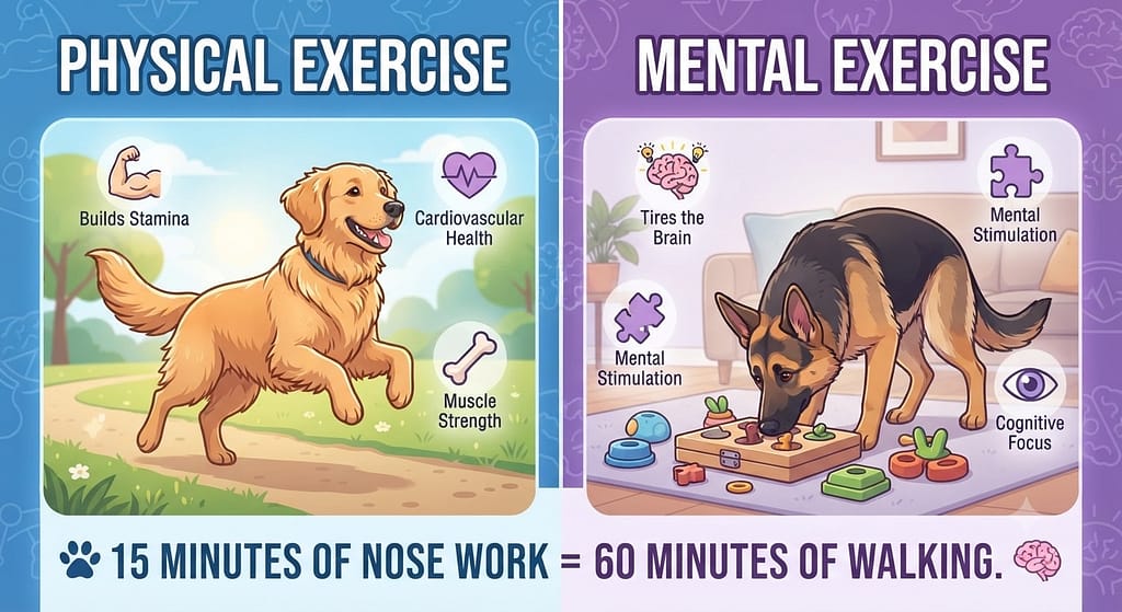 Brain vs body comparison Physical exercise (builds stamina) vs Mental exercise (tires the brain). Text: "15 minutes of nose work = 60 minutes of walking."
