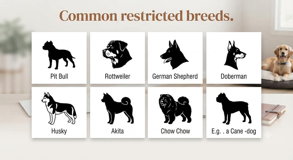 Restricted breed grid Pit Bull, Rottweiler, German Shepherd, Doberman, Husky, Akita, Chow Chow silhouettes. Text: "Common restricted breeds."