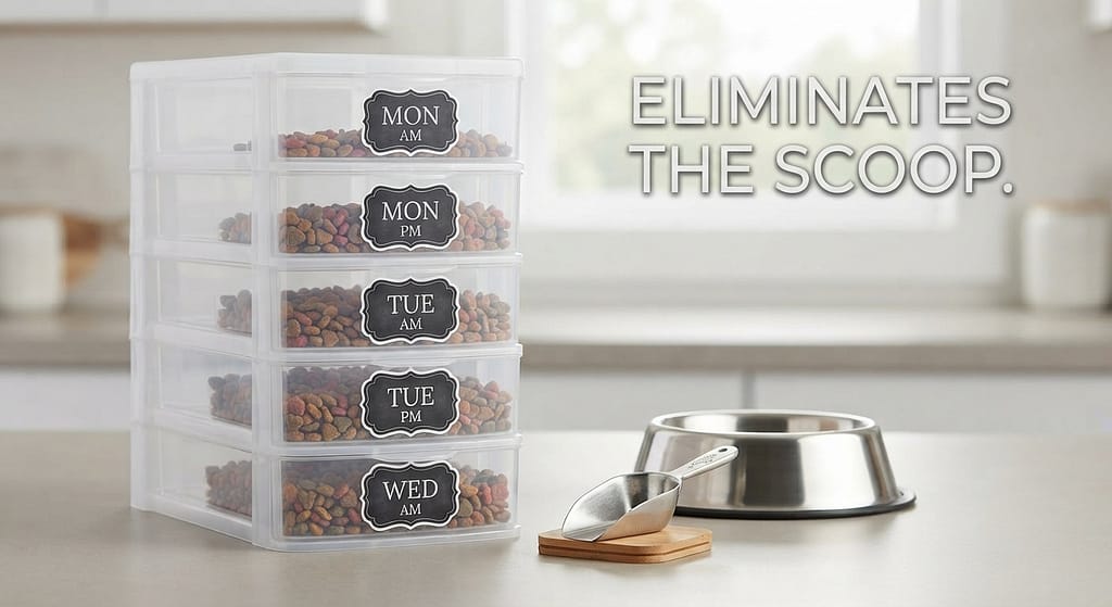 Drawer tower photo Plastic drawer unit with labeled days. Text: "Eliminates the scoop."