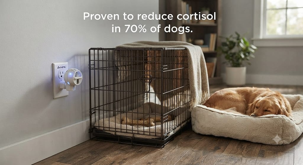 Adaptil diffuser photo Plugged in near crate. Text: "Proven to reduce cortisol in 70% of dogs."