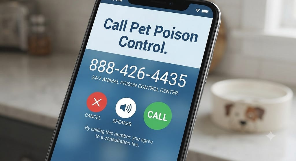 Poison control phone screenshot Phone showing 888-426-4435. Text: "Call Pet Poison Control."