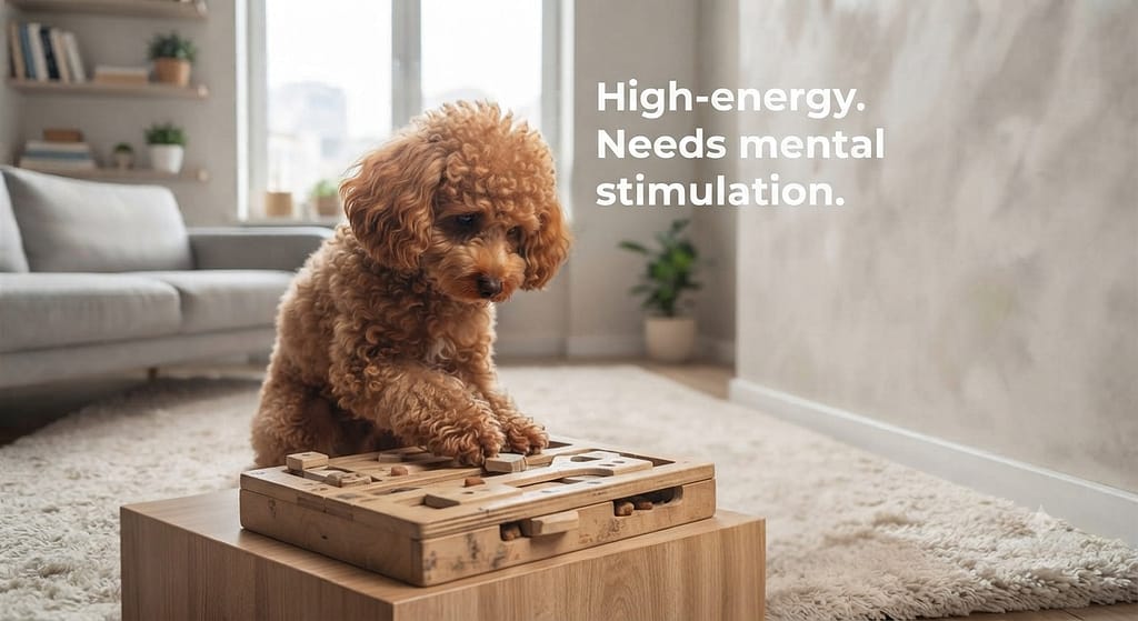 Poodle puzzle toy photo Poodle working on puzzle toy. Text: "High-energy. Needs mental stimulation."