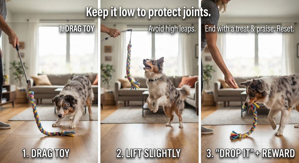 Flirt pole sequence (3 images) 1. Drag toy / 2. Lift slightly / 3. "Drop It" + reward. Text: "Keep it low to protect joints."