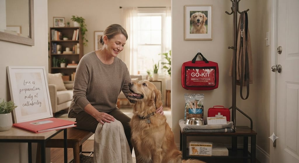 After" hero photo Prepared apartment, kit by door, calm owner and dog. Text: "Love is preparation."