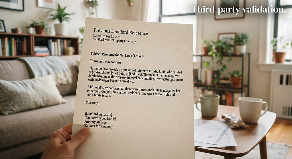 Reference letter mockup Previous landlord letter confirming no damage/no complaints. Text: "Third-party validation."