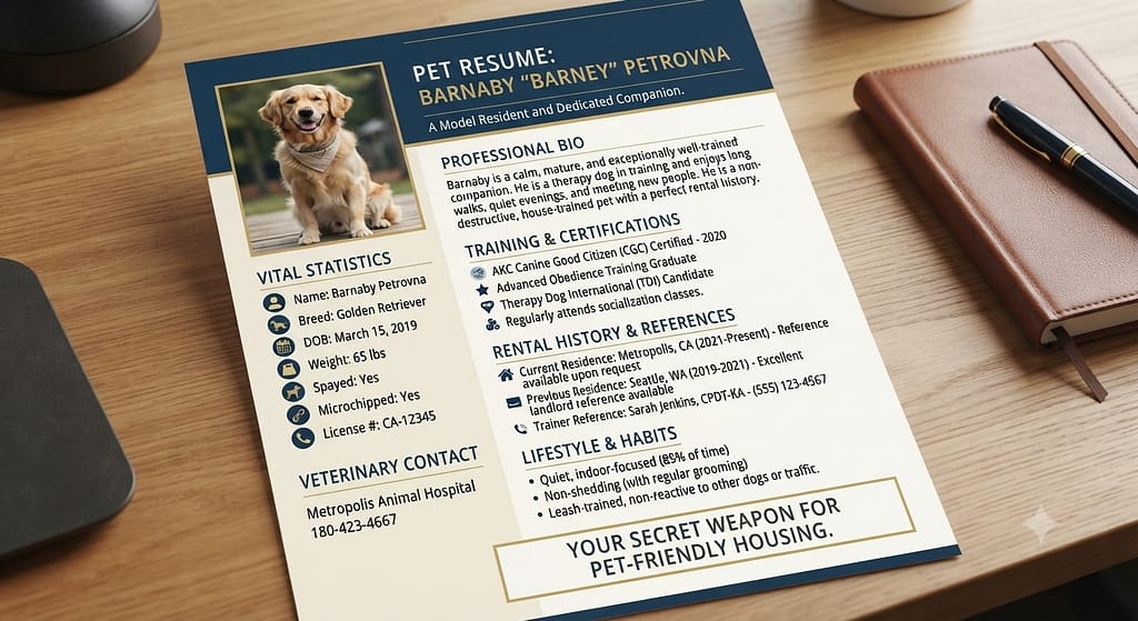 Pet resume mockup Professional document with dog photo, bio, training, references. Text: "Your secret weapon."