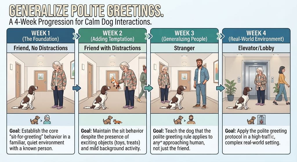 Progression table graphic Week 1: Friend, no distractions / Week 2: Friend with distractions / Week 3: Stranger / Week 4: Elevator/lobby. Text: "Generalize polite greetings."