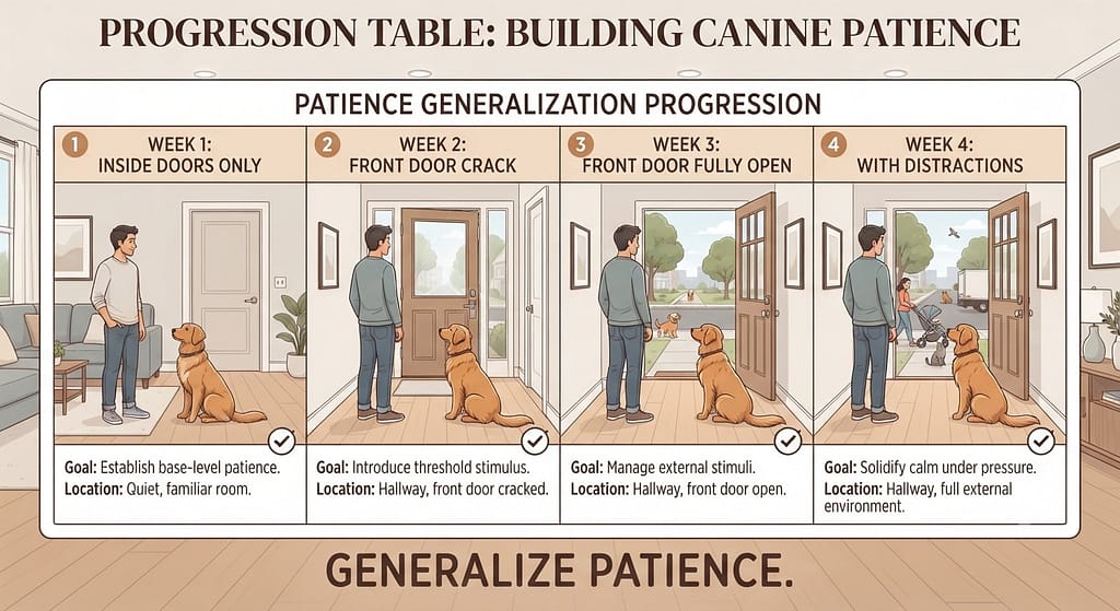 Progression table graphic Week 1: Inside doors only / Week 2: Front door crack / Week 3: Front door fully open / Week 4: With distractions. Text: "Generalize patience."