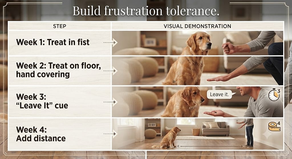 Progression table graphic Week 1: Treat in fist / Week 2: Treat on floor, hand covering / Week 3: "Leave It" cue / Week 4: Add distance. Text: "Build frustration tolerance."