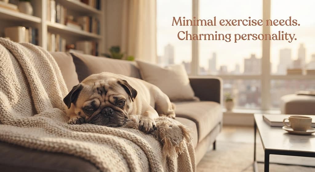 Pug apartment photo Pug relaxing in apartment. Text: "Minimal exercise needs. Charming personality."