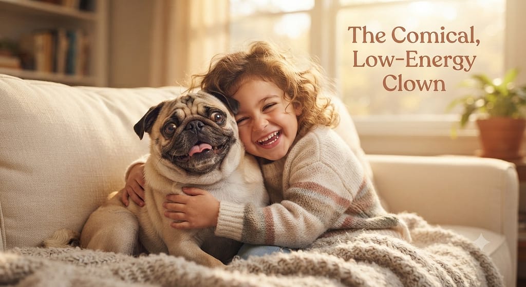 Pug with kids hero photo Pug with child, funny expression. Text: "The Comical, Low-Energy Clown."
