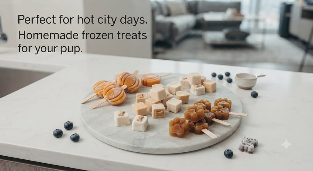 Frozen treat flat lay Pumpkin popsicles, peanut butter cubes, bone broth pops. Text: "Perfect for hot city days."