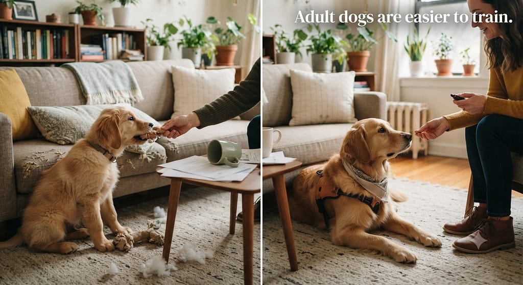 Puppy vs adult comparison Puppy (destructive phase) vs Adult (calmer, trained). Text: "Adult dogs are easier to approve."