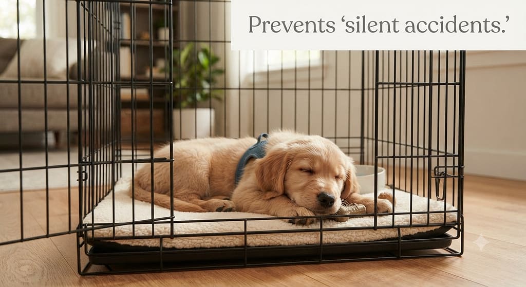 Crate photo Puppy in crate, calm. Text: "Prevents 'silent accidents.'"