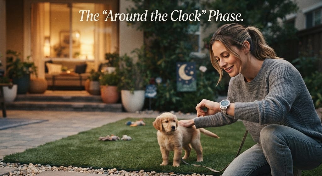 Schedule hero photo Puppy on potty spot, owner checking watch. Text: "The 'Around the Clock' Phase."