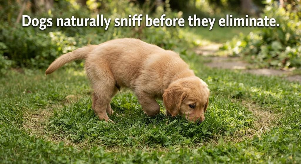 Sniffing action photo Puppy sniffing in circle on grass patch. Text: "Dogs naturally sniff before they eliminate."