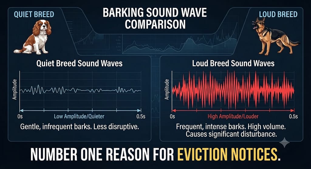 Barking sound wave comparison Quiet breed vs Loud breed sound waves. Text: "Number one reason for eviction notices."