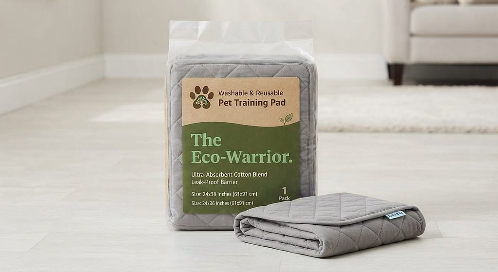 Washable pad product photo Quilted fabric pad, folded. Text: "The Eco-Warrior."
