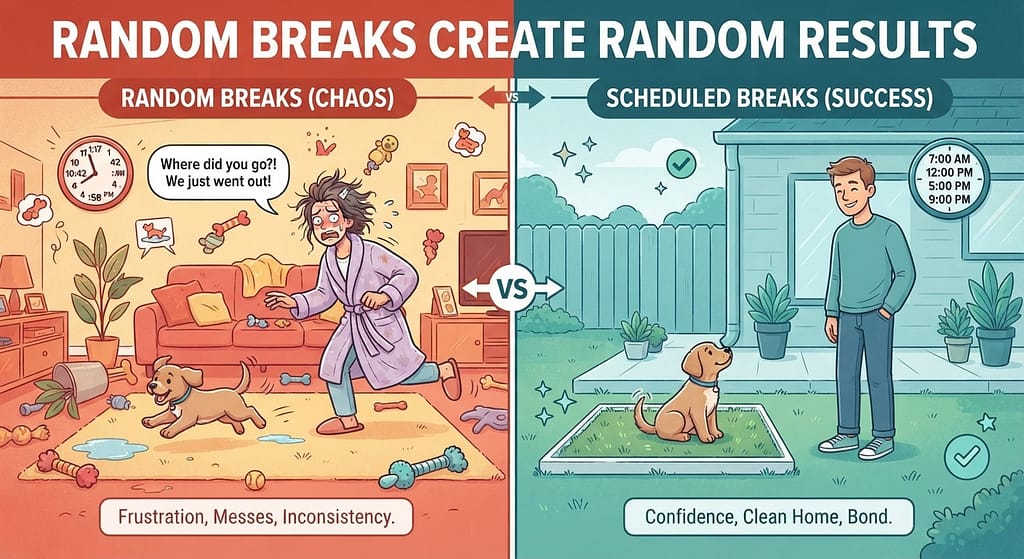 Random vs scheduled comparison Random potty breaks (chaos) vs Scheduled breaks (success). Text: "Random breaks create random results."