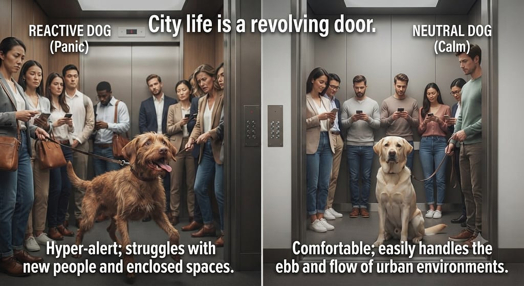 Elevator dog comparison Reactive dog (panic) vs Neutral dog (calm). Text: "City life is a revolving door."