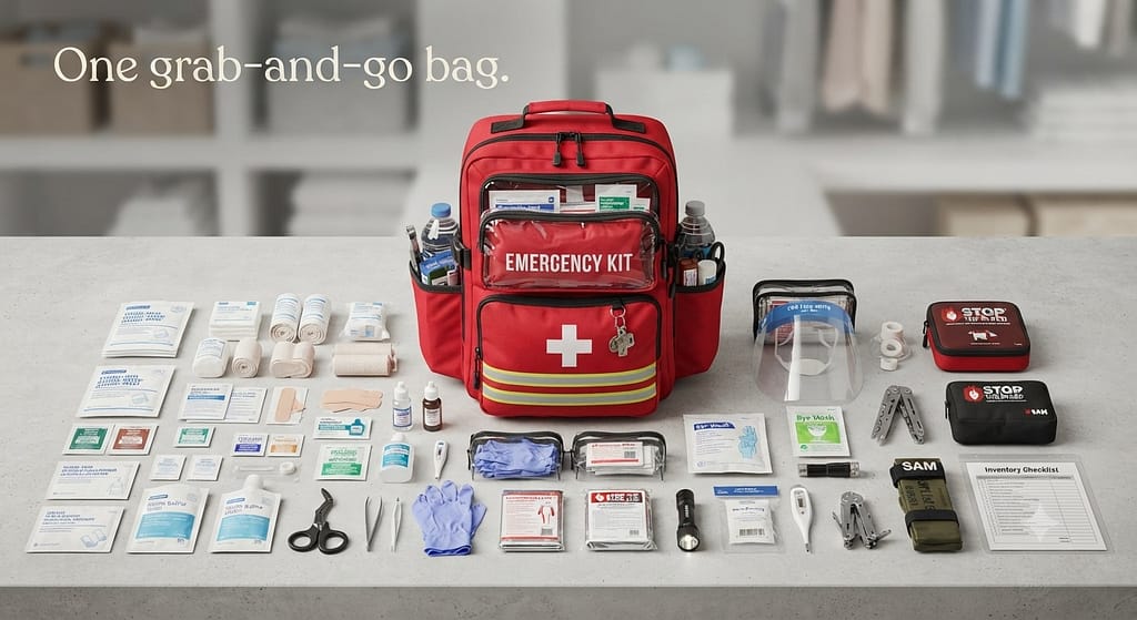 Complete first aid kit hero photo Red/orange bag with all supplies laid out. Text: "One grab-and-go bag."