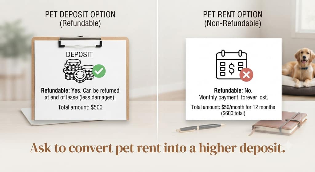 Deposit vs rent comparison Refundable deposit (✅) vs Non-refundable rent (❌). Text: "Ask to convert pet rent into a higher deposit."