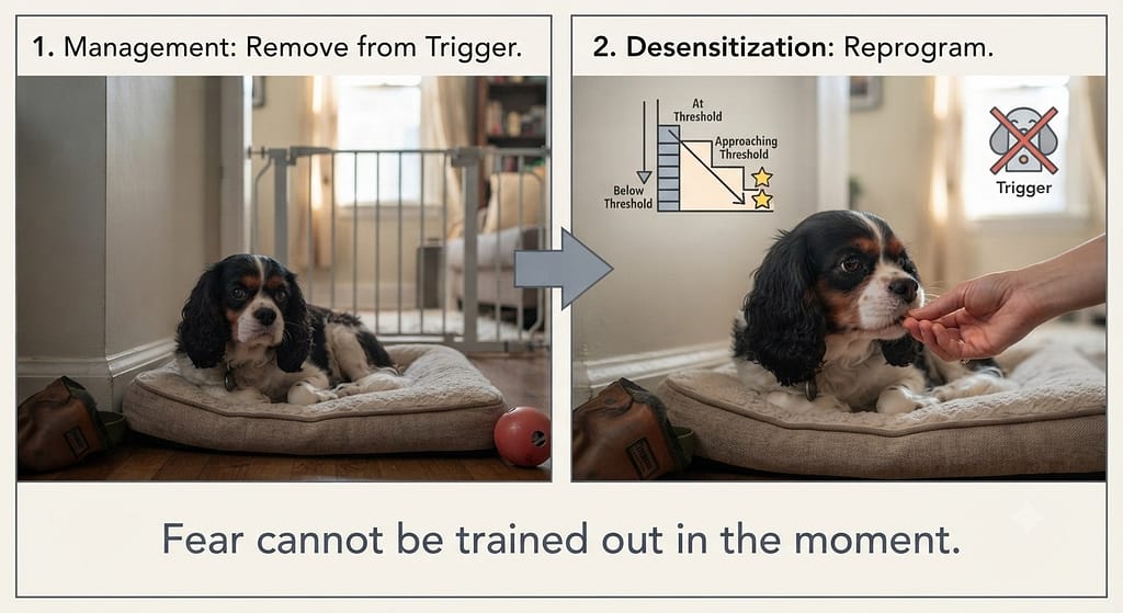 Management + desensitization graphic Remove from trigger first, then reprogram. Text: "Fear cannot be trained out in the moment."