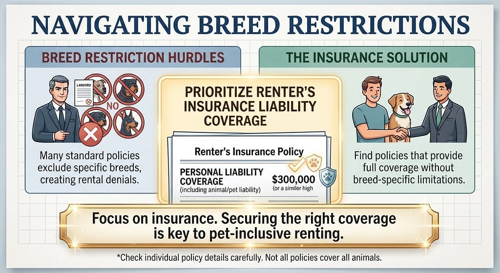 Breed restriction graphic Renter's insurance liability coverage highlighted. Text: "Focus on insurance."