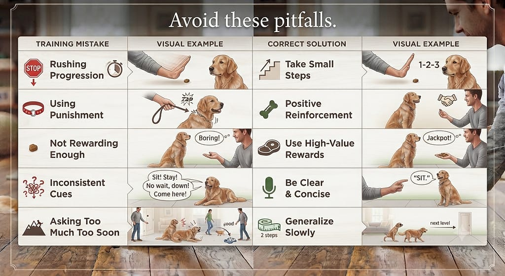 Mistakes vs solutions graphic Rushing progression / Using punishment / Not rewarding enough / Inconsistent cues / Asking too much too soon. Text: "Avoid these pitfalls."