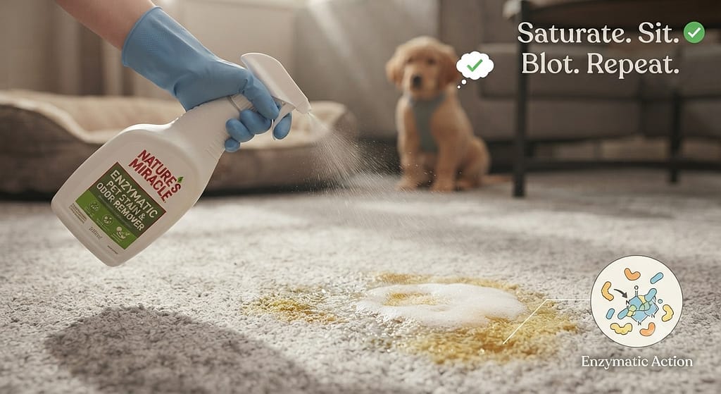 Enzymatic cleaner action photo Saturating area with Nature's Miracle. Text: "Saturate. Sit. Blot. Repeat."