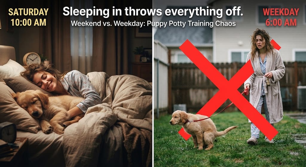 Weekend vs weekday comparison Saturday 10 AM vs Weekday 6 AM (red X). Text: "Sleeping in throws everything off."