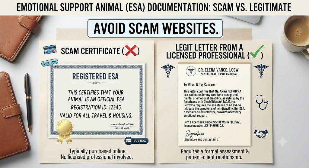 Scam vs legit comparison Scam certificate (❌) vs Legit letter from licensed professional (✅). Text: "Avoid scam websites."