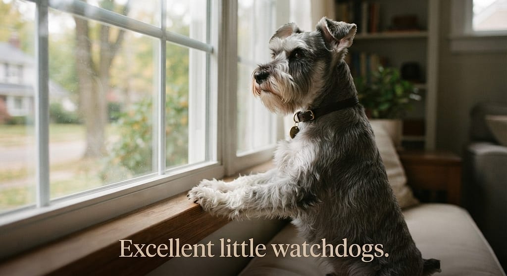 Schnauzer on alert photo Schnauzer watching out window. Text: "Excellent little watchdogs."