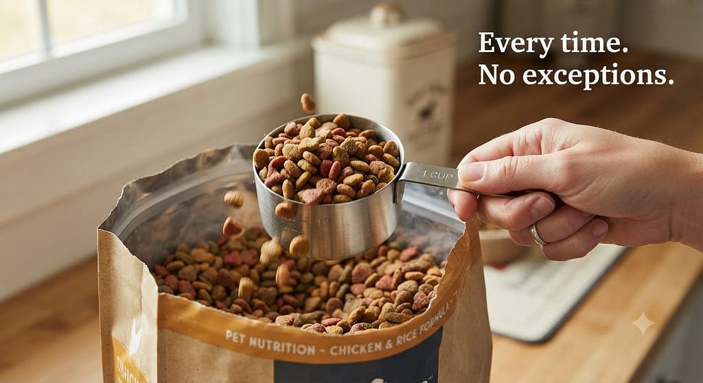 Measuring cup action photo Scooping kibble with measuring cup. Text: "Every time. No exceptions."