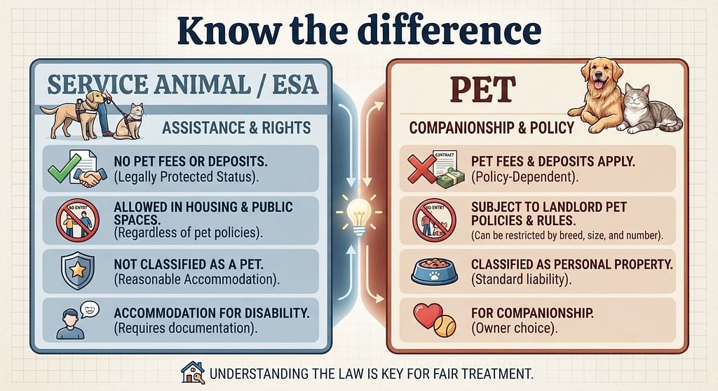 ESA vs pet comparison Service Animal/ESA (no fees) vs Pet (fees apply). Text: "Know the difference."