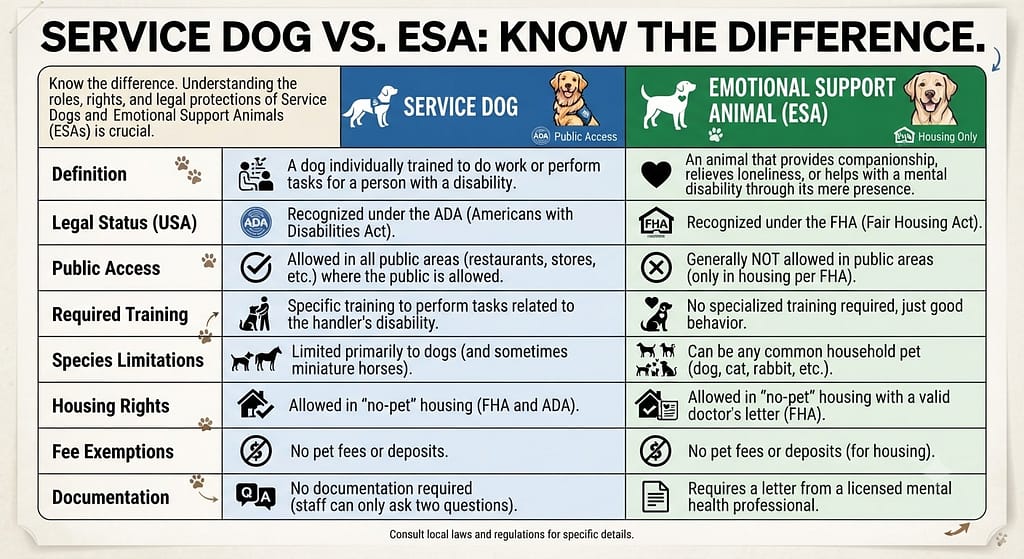 ESA vs Service Dog comparison table Service Dog (ADA, public access) vs ESA (FHA, housing only). Text: "Know the difference."