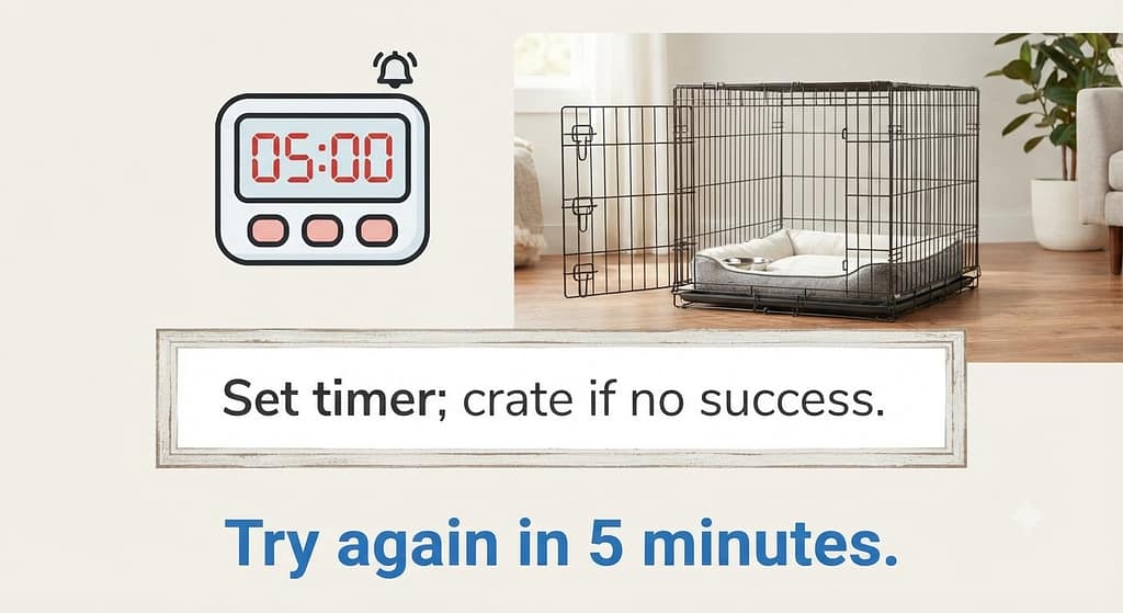 Timer icon + crate photo Set timer, crate if no success. Text: "Try again in 5 minutes."