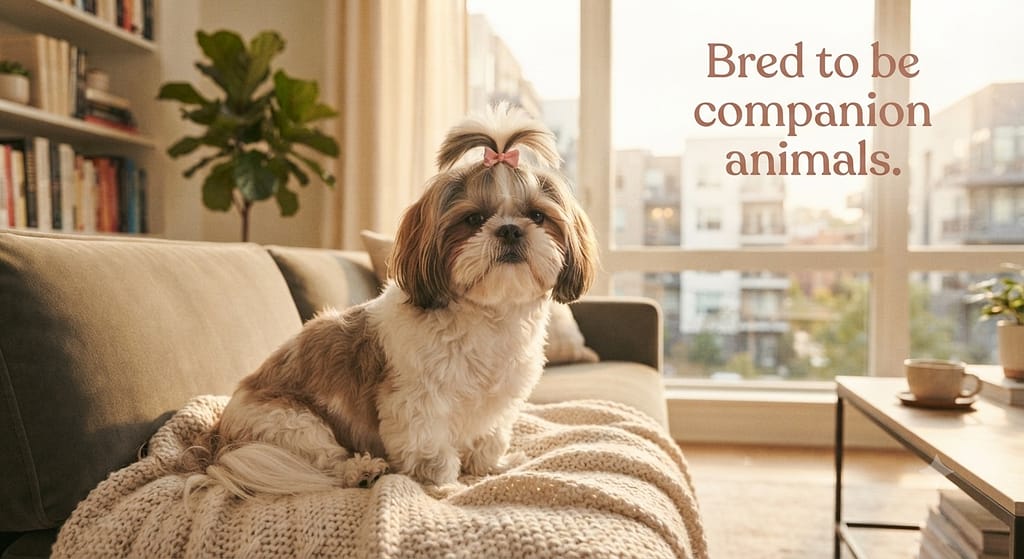 Shih Tzu apartment photo Shih Tzu calmly in apartment. Text: "Bred to be companion animals."