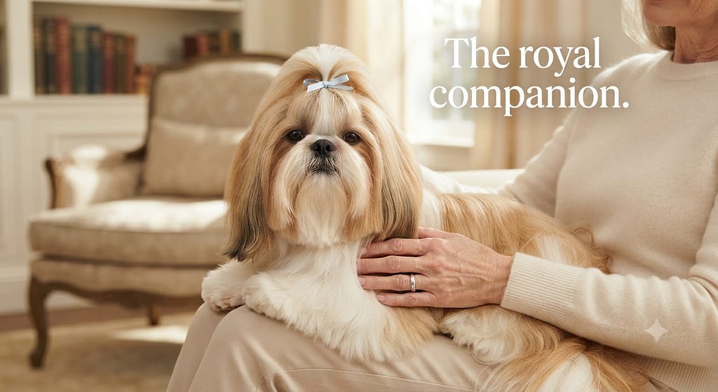 Shih Tzu lap photo Shih Tzu on lap, regal. Text: "The royal companion."