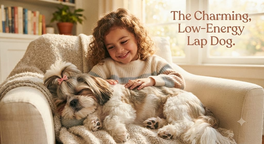 Shih Tzu with kids hero photo Shih Tzu on lap with child. Text: "The Charming, Low-Energy Lap Dog."