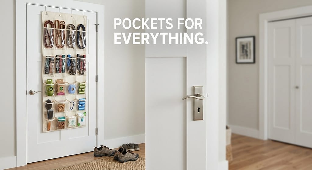Over-door organizer photo Shoe organizer on closet door with leashes, collars, poop bags. Text: "Pockets for everything."