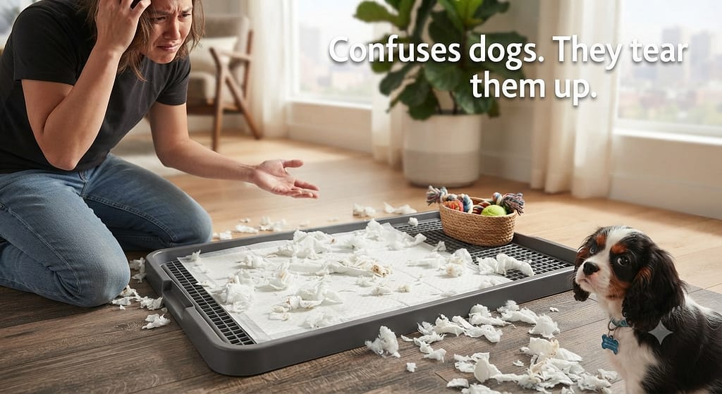 Chewed pad photo Shredded pad, frustrated owner. Text: "Confuses dogs. They tear them up."