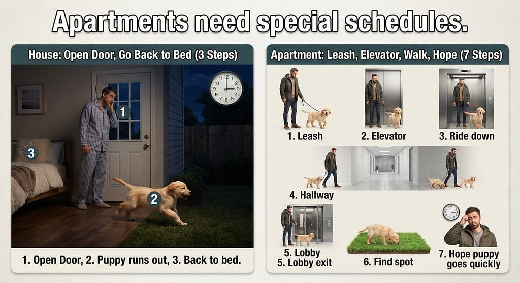 Side-by-side comparison House: open door, go back to bed (3 steps) vs Apartment: leash, elevator, walk, hope (7 steps). Text: "Apartments need special schedules."