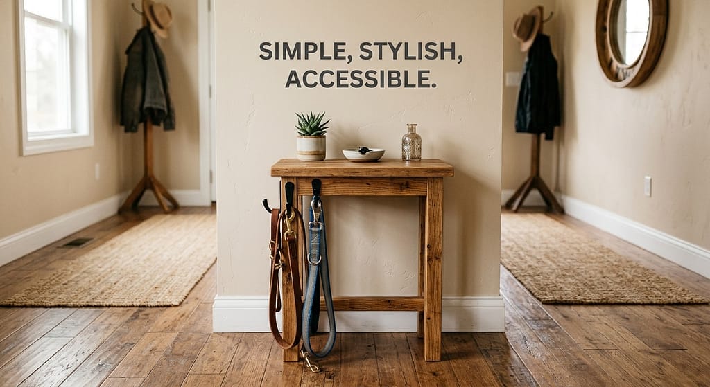 Lack with hook photo Side table with hook for leashes. Text: "Simple, stylish, accessible."