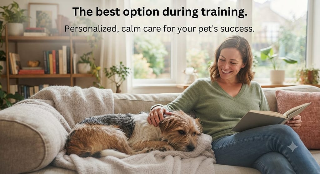 Pet sitter photo Sitter in apartment with calm dog. Text: "The best option during training."