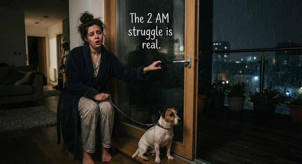 Relatable "midnight struggle" photo Sleep-deprived owner with dog at balcony door, rain visible, tired expression. Text: "The 2 AM struggle is real."